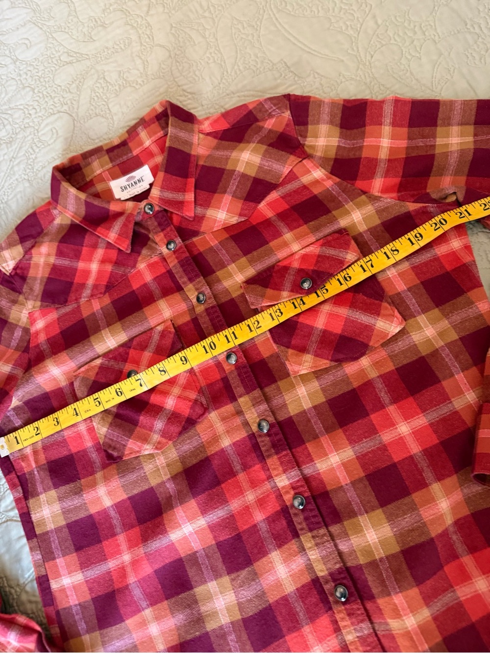 Shyanne Western Cowgirl Plaid Flannel Shirt Red Orange Pearl Snap Shirt Cotton L - Picture 8 of 11